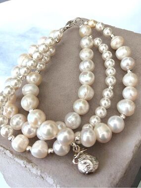 Lustrous Fresh Water Pearl Multi-Strand Bracelet with Silver Charm